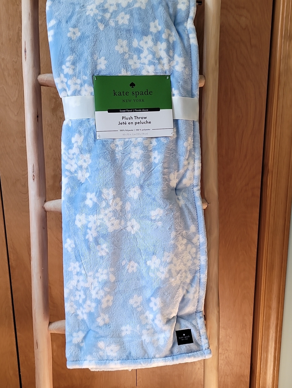 kate spade Light Blue and White Floral Plush Throw 60inx70in